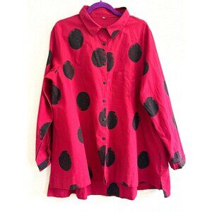 Women's Lagenlook Red Button Down Dots High Low Hem Cotton Shirt XL